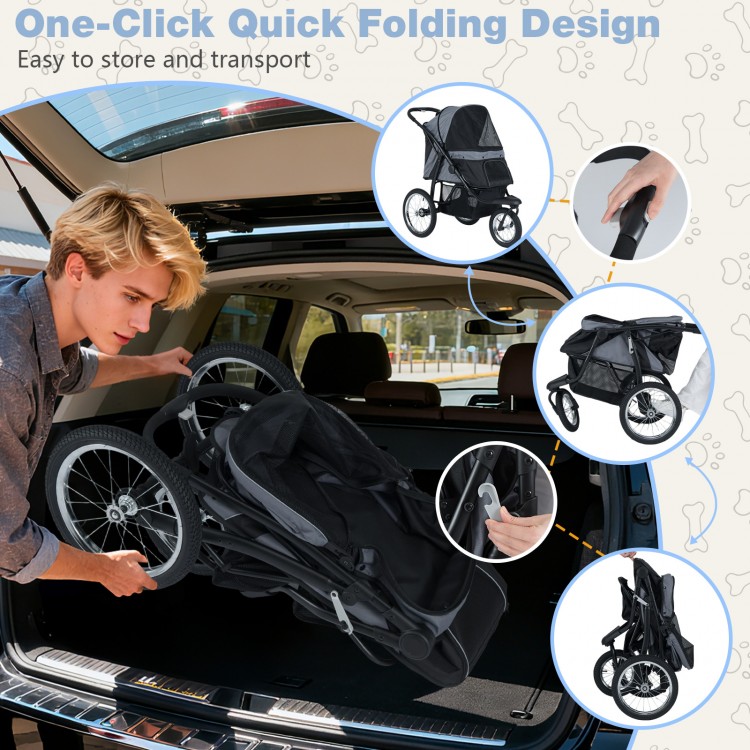 Foldable 3-wheel pet stroller for small and medium dogs, featuring quick-release wheels and easy one-click folding.
