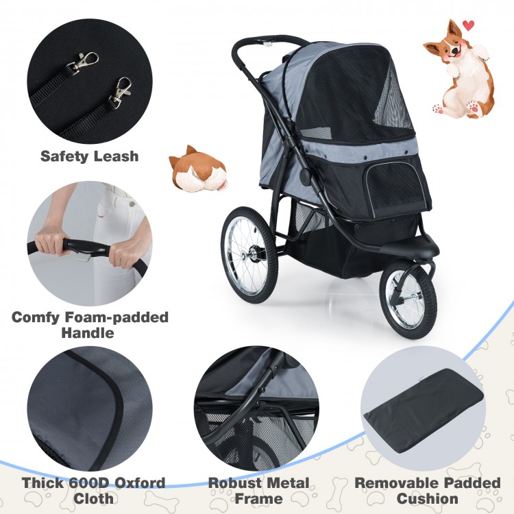 3-wheel pet stroller in gray with breathable mesh sides, padded handle, and removable cushion for small to medium dogs.