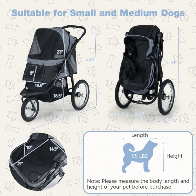 3-wheel pet stroller for small and medium dogs, featuring mesh sides, adjustable canopy, and foldable design for easy.