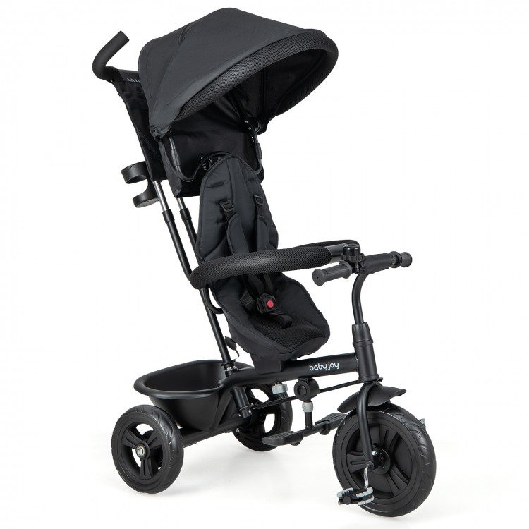 4-in-1 baby trike in grey with removable canopy, adjustable push handle, and all-terrain wheels for kids 9 months to 5.
