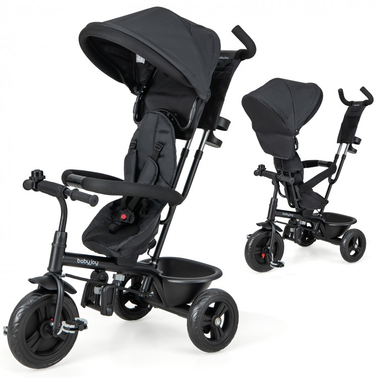 4-in-1 baby trike in grey with adjustable canopy, push handle, and all-terrain wheels for kids aged 9 months to 5 years.