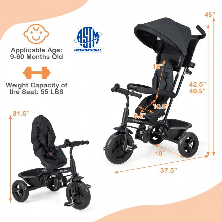 4-in-1 Baby Trike in grey with adjustable canopy and push handle, suitable for kids 9 months to 5 years old.