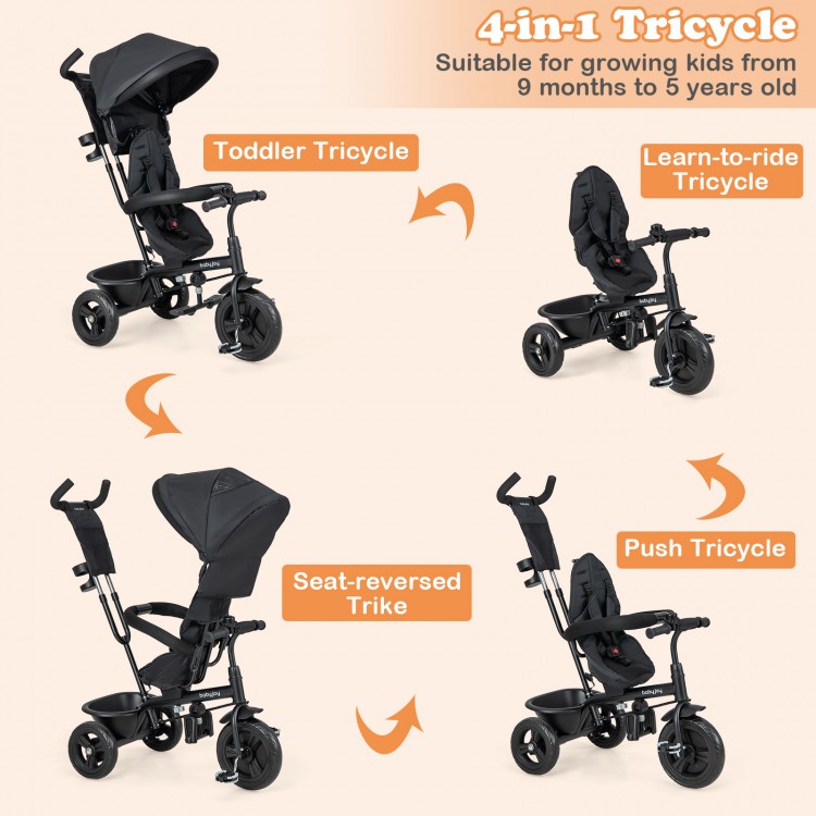 4-in-1 baby tricycle in grey with removable canopy, adjustable handle, and all-terrain wheels for kids 9 months to 5.