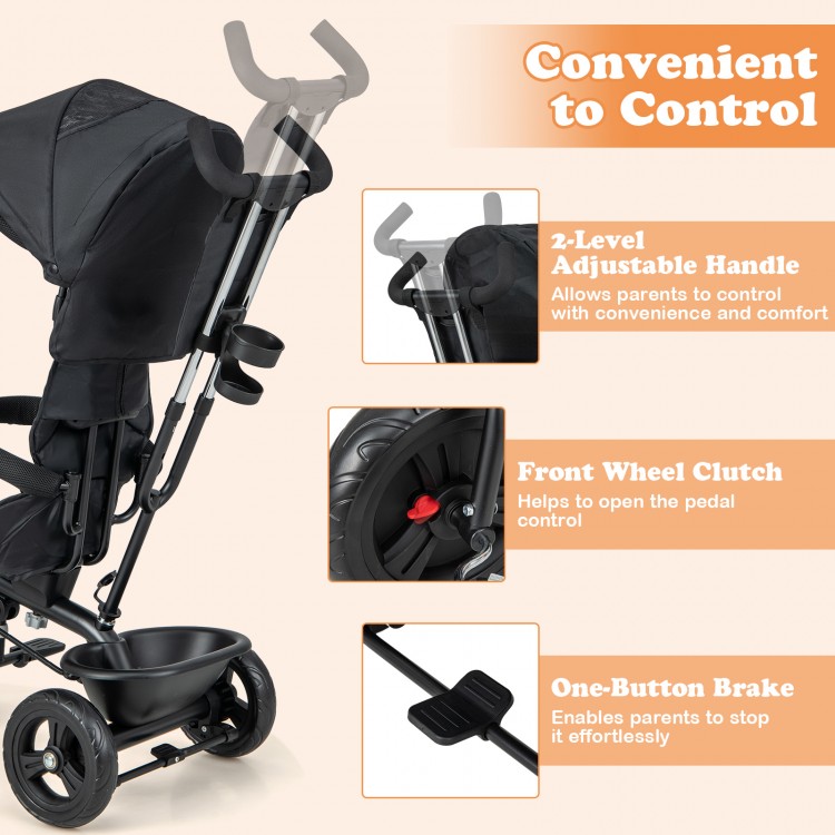 Adjustable push handle and front wheel clutch of the grey 4-in-1 baby trike for convenient control and safety.
