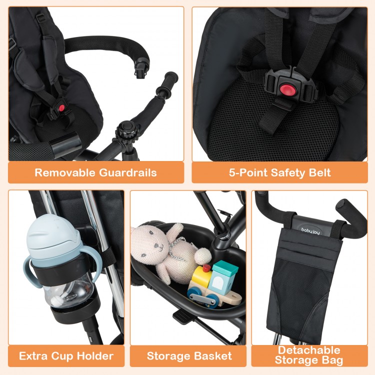 Detachable storage bag and cup holder on the 4-in-1 Baby Trike, designed for convenience and ample storage.