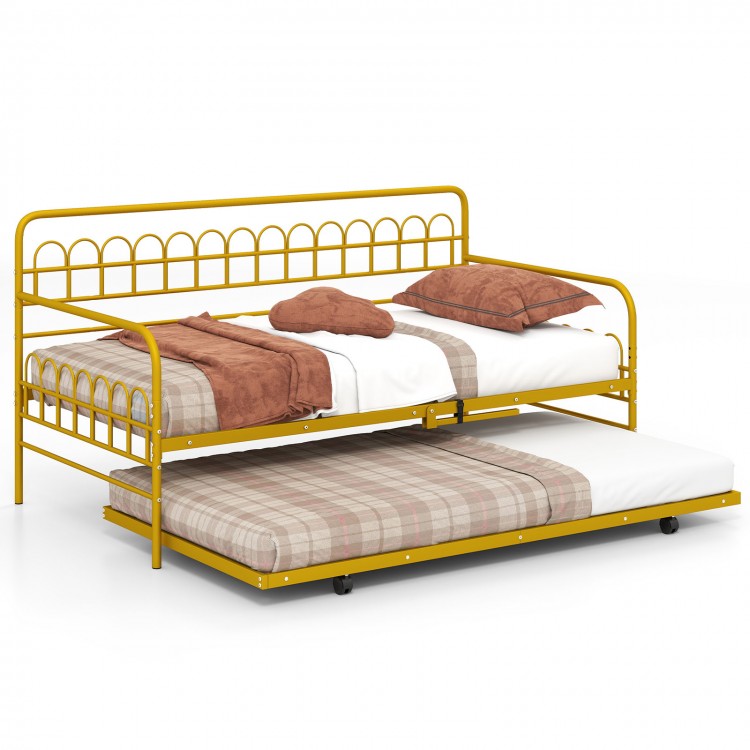 Twin daybed in gold with curved backrest and armrests, featuring a pull-out trundle for extra sleeping space.