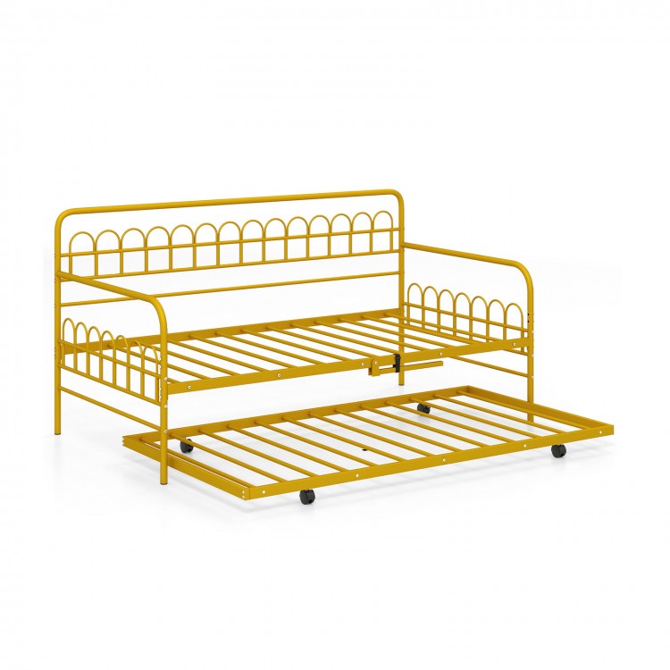 Twin daybed in gold with curved backrest and armrests, featuring a pull-out trundle for space-saving sleeping solutions.