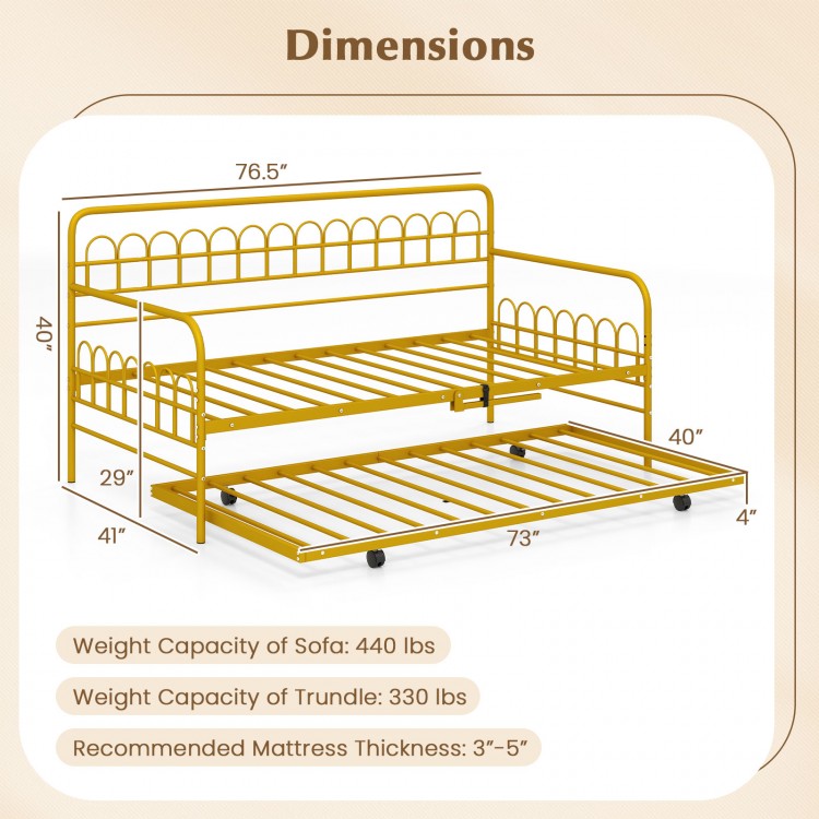 Twin daybed with curved backrest and armrests in gold, featuring dimensions and weight capacities for versatile use.