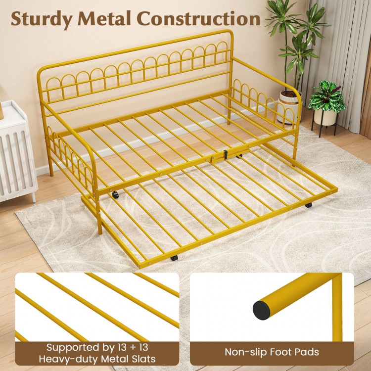 Detail view of the gold twin daybed’s sturdy metal construction with heavy-duty slats, ideal for enhanced support and.