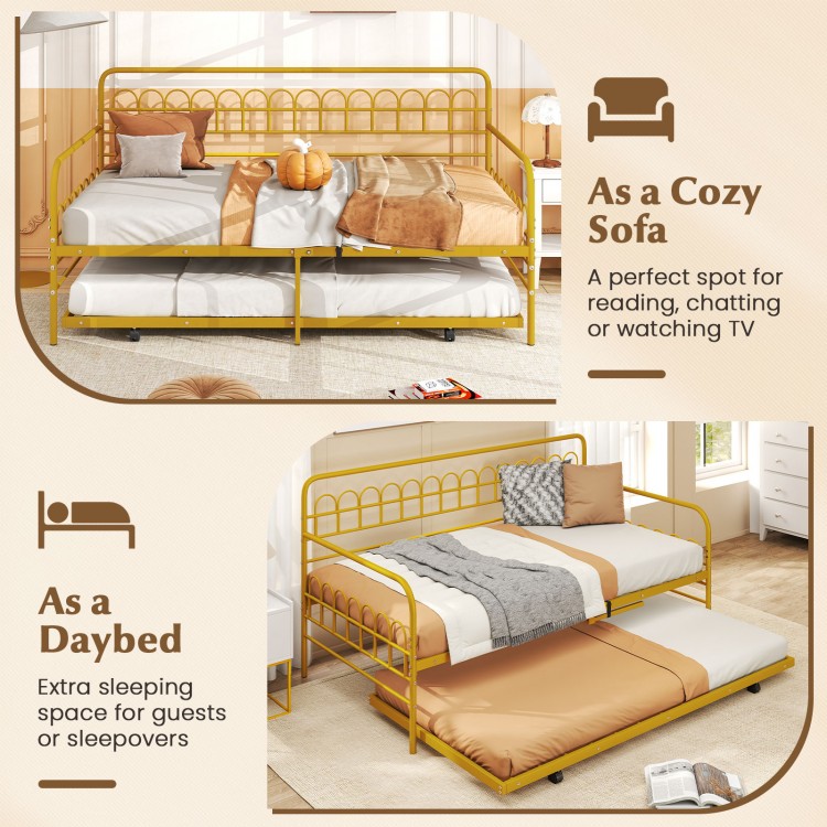 Twin daybed in gold with curved backrest, serving as a cozy sofa and daybed for extra sleeping space.