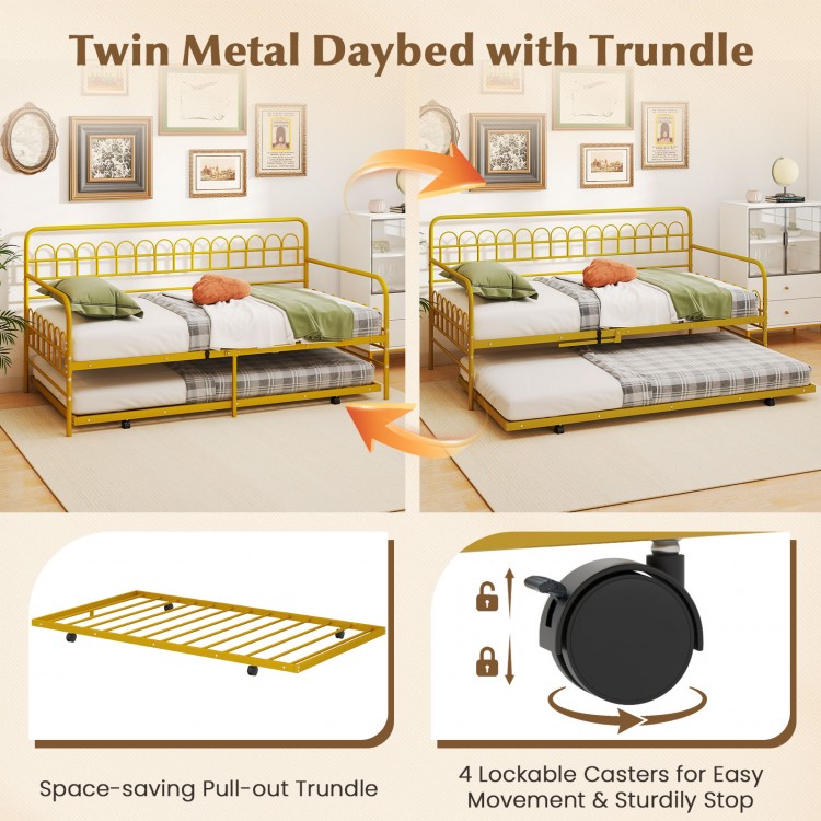 Twin metal daybed with curved backrest and armrests in gold, featuring a pull-out trundle for space-saving sleeping.