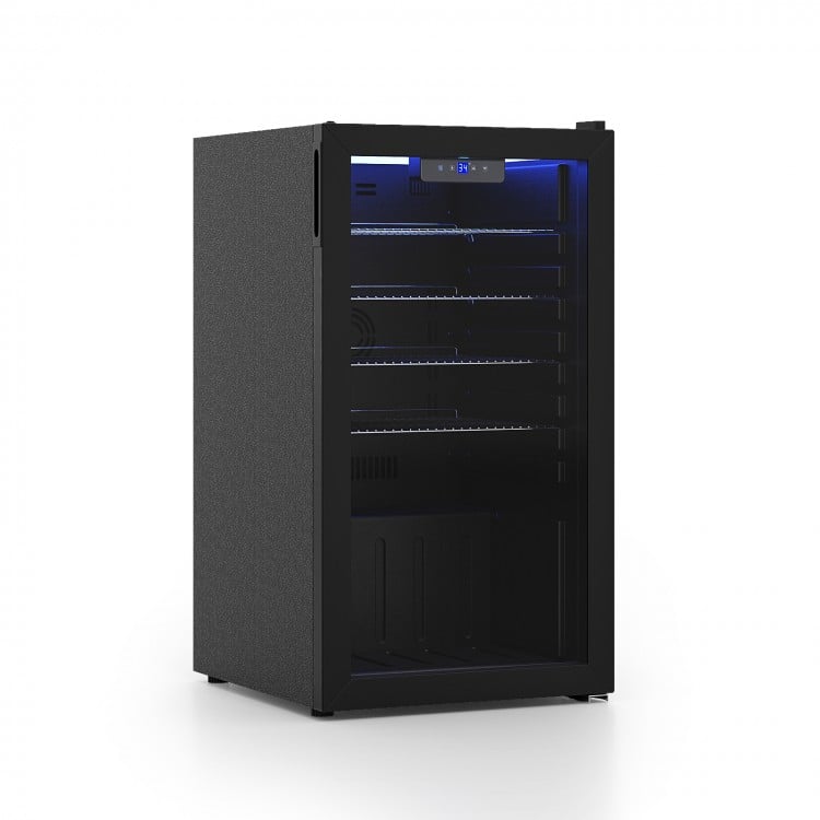 Beverage refrigerator cooler with glass door, featuring a reversible door and low-E tempered glass for safety and.