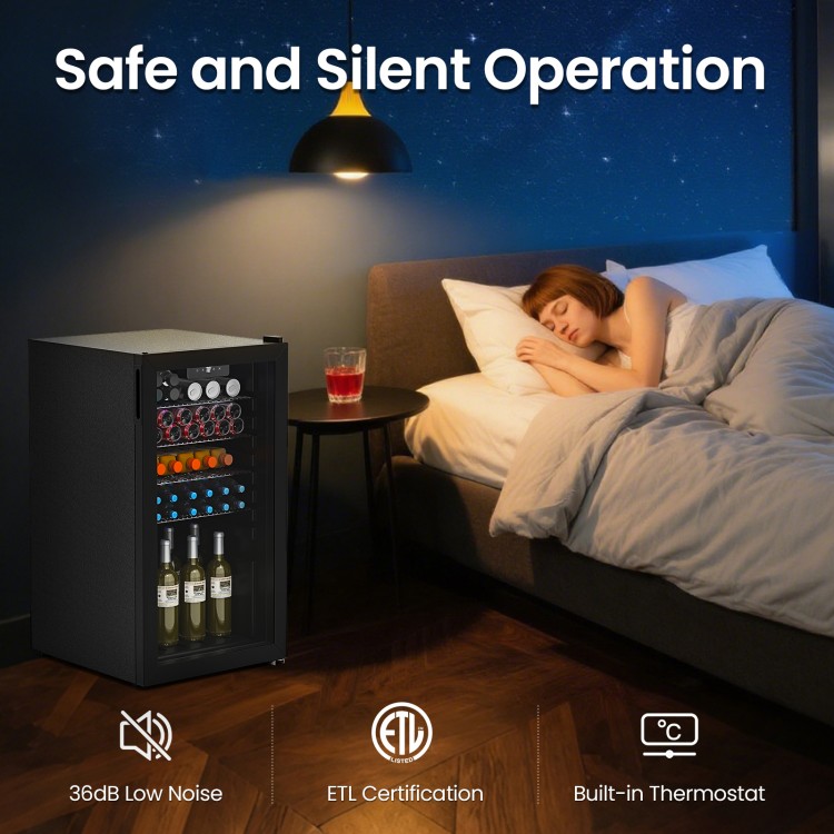 Beverage refrigerator cooler with glass door, 3.0 cu.ft. capacity, 36dB low noise, ideal for home bar or bedroom use.