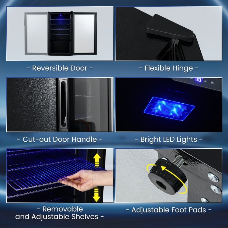 Beverage refrigerator cooler with glass door, adjustable shelves, and bright LED lights for home bar or office use.