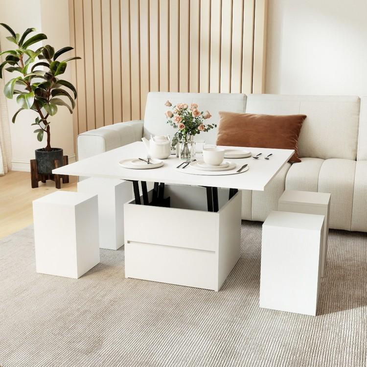 Expandable lift top coffee table in white with four storage stools, perfect for dining or workspace use.