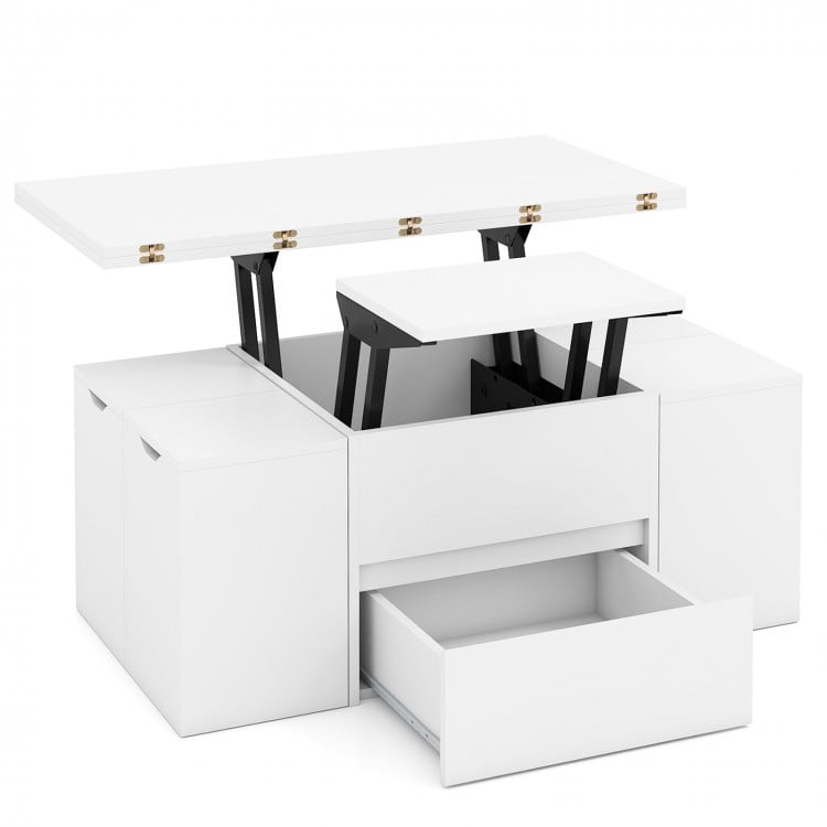 Expandable lift top coffee table in white with hidden storage, ideal for 4-8 people, featuring 4 storage stools.