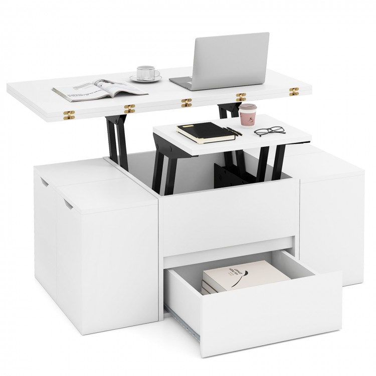 Expandable lift top coffee table in white with hidden storage, ideal for dining or office use, includes 4 storage.