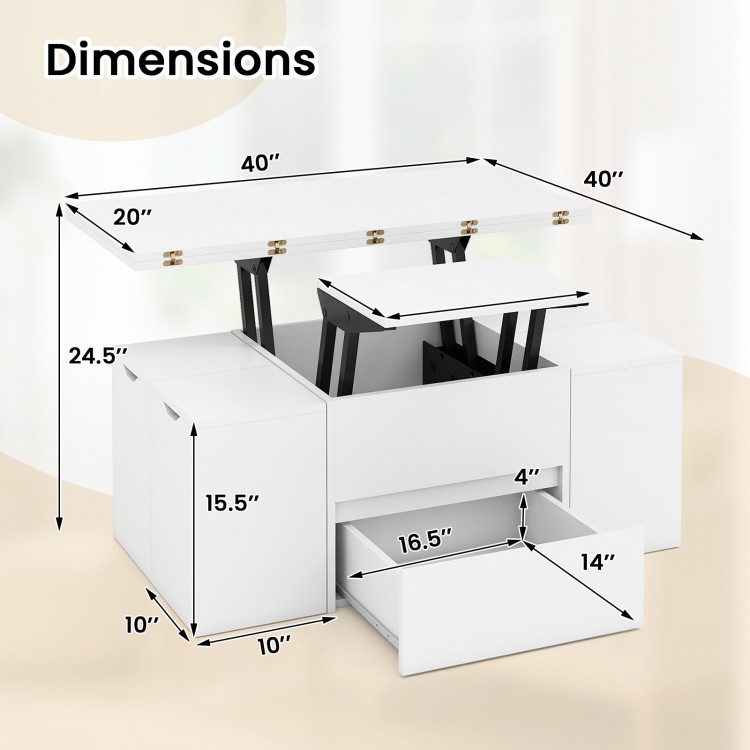 Dimensions of the 3-in-1 expandable lift top coffee table with storage stools, ideal for 4-8 people in white.
