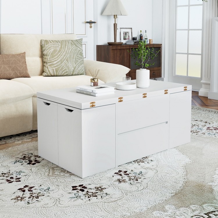 Expandable lift top coffee table in white with hidden storage and four stools, perfect for versatile living spaces.