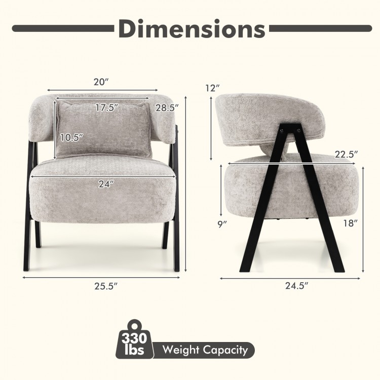 Dimensions of the gray Barrel Accent Chair with faux rabbit fur upholstery, featuring heavy-duty metal legs and a comfy.