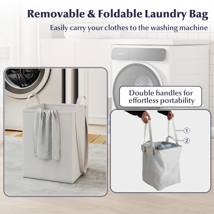 Tilt-out laundry hamper cabinet with removable bag, double handles for easy carrying, ideal for organizing laundry.