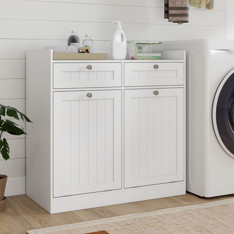 Double tilt-out laundry hamper cabinet in white with two drawers and removable bags for organized laundry storage.