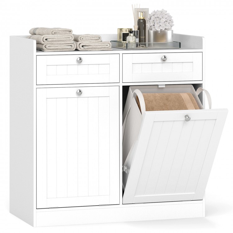 Tilt-out laundry hamper cabinet in white featuring raised edges, two drawers, and removable bags for convenient laundry.