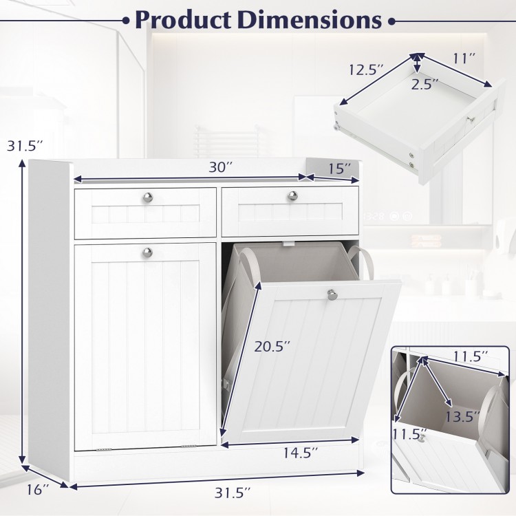 Dimensions of the Double Tilt-Out Laundry Hamper Cabinet with 2 drawers, showcasing measurements for easy setup.