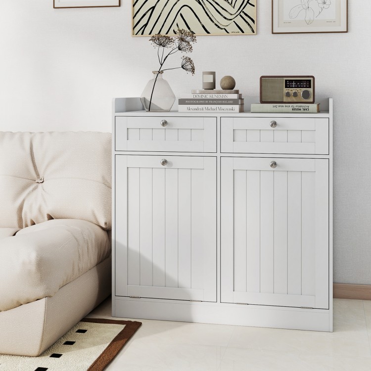 Side view of the Double Tilt-Out Laundry Hamper Cabinet in white, showcasing deep drawers and a stylish design for.