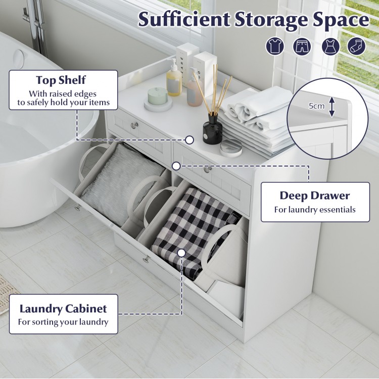 Double tilt-out laundry hamper cabinet in white with removable bags, deep drawers, and raised edges for organized.