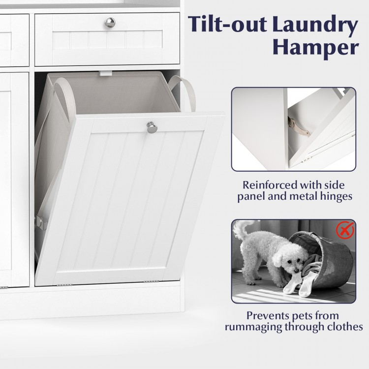 Tilt-out laundry hamper with removable bag, reinforced hinges, and smooth metal slides for easy access and organization.