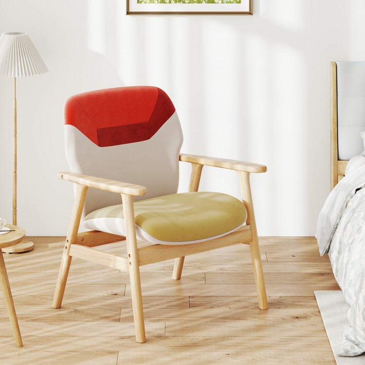 Modern accent chair with rubber wood frame, colorful upholstery, and spacious backrest for living rooms or home offices.