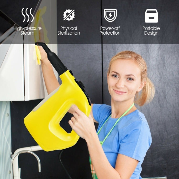 Handheld steam cleaner in yellow with ergonomic handle, 14-piece accessory kit, ideal for deep cleaning surfaces.