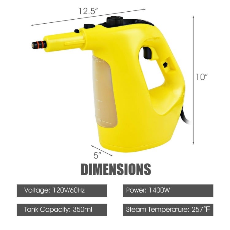 Handheld steam cleaner in yellow with 350ml tank, 1400W power, and 14-piece accessory kit for versatile cleaning.