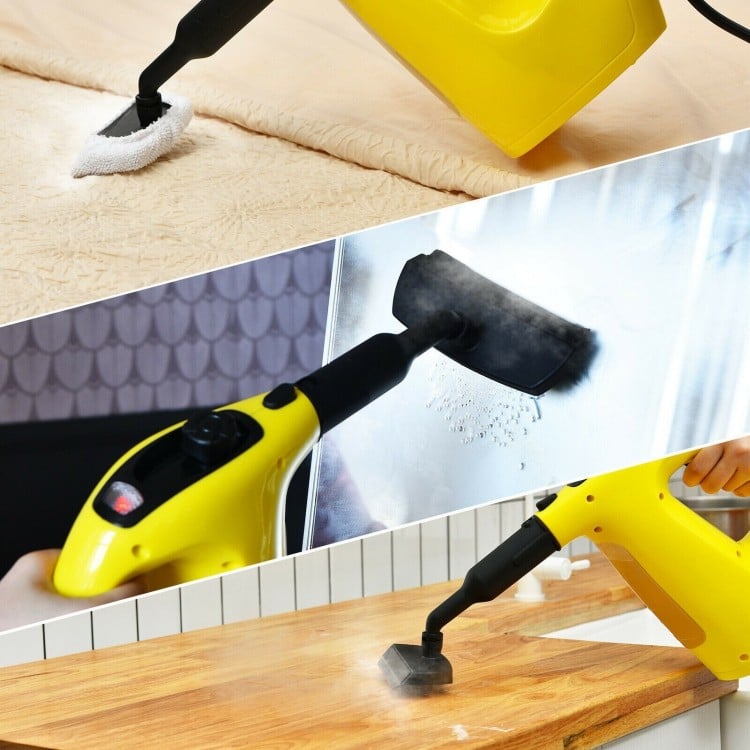 Handheld steam cleaner in yellow with accessories, showcasing steam cleaning on various surfaces for deep cleaning.