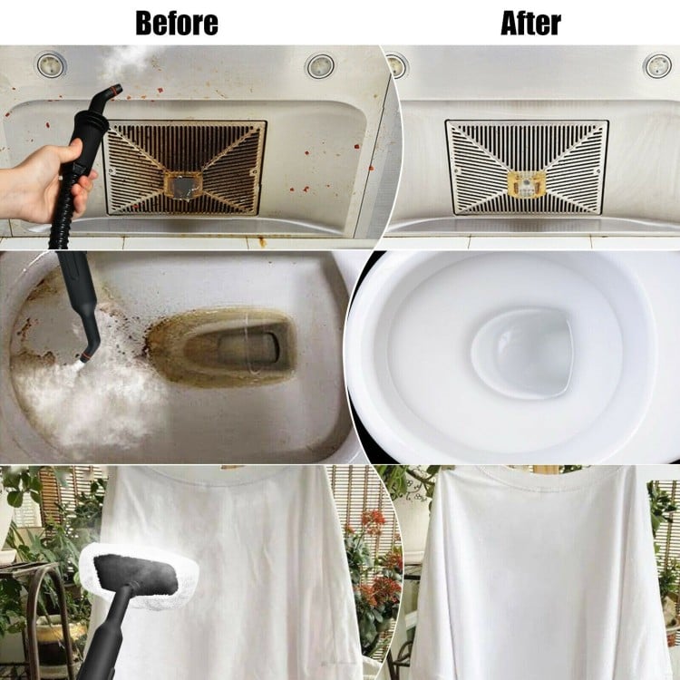 1400W handheld steam cleaner with before and after results, showcasing deep cleaning power and 14-piece accessory kit.