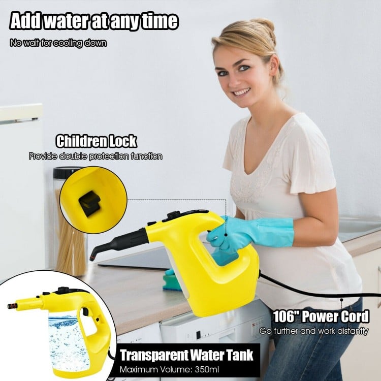 Handheld steam cleaner in yellow with ergonomic handle, 14-piece accessory kit, and transparent water tank for deep.