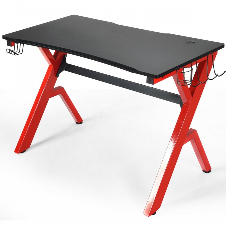 Ergonomic gaming desk with a carbon fiber surface and R-shape steel frame, featuring a cup holder and headphone hook.
