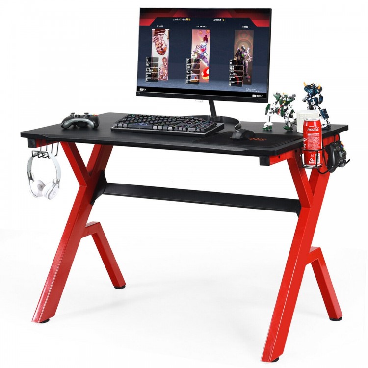 Ergonomic gaming desk with R-shape steel frame and spacious carbon fiber surface, designed for comfortable gaming.