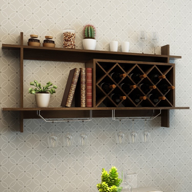 Wall mount wine rack in walnut finish with glass holder, storing ten bottles and displaying decor items for modern.