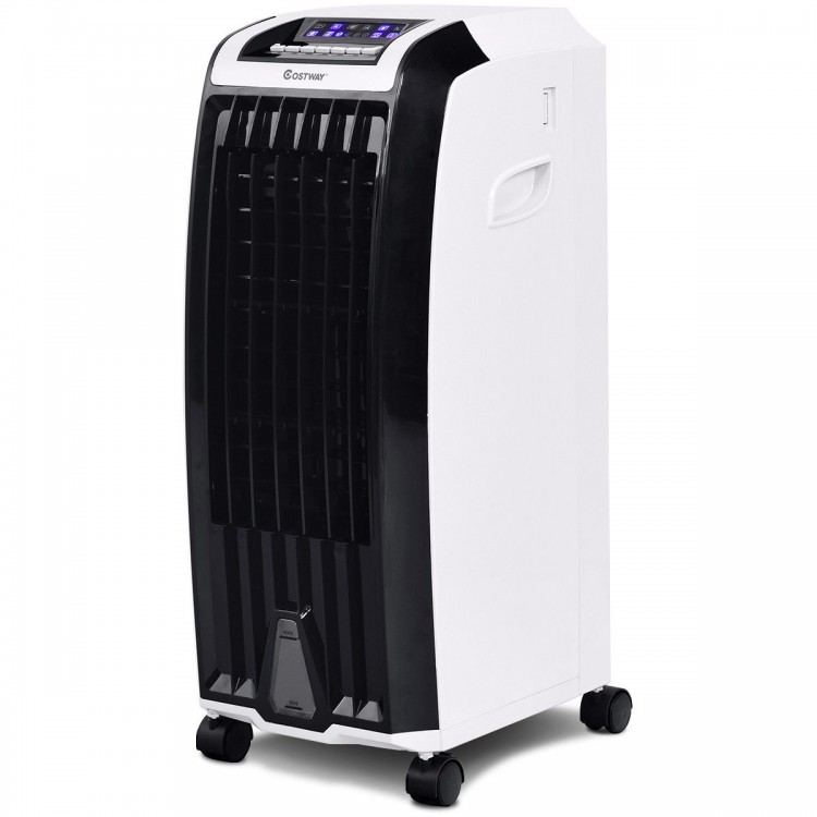 Portable evaporative air cooler with 3 wind modes, remote control, and caster wheels for easy mobility in home or.