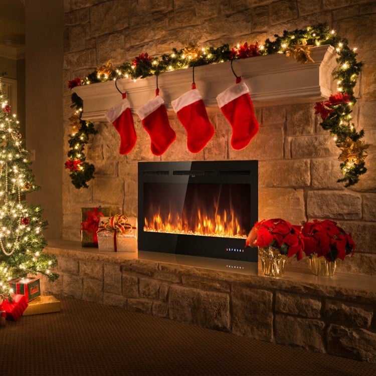 50-inch recessed electric fireplace with adjustable brightness, showcasing realistic flames and elegant design for cozy.