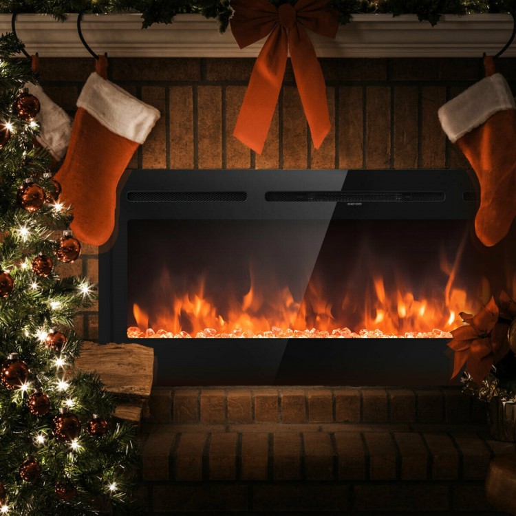 50-inch recessed electric fireplace with adjustable brightness and 9 flame colors, perfect for cozy indoor settings.