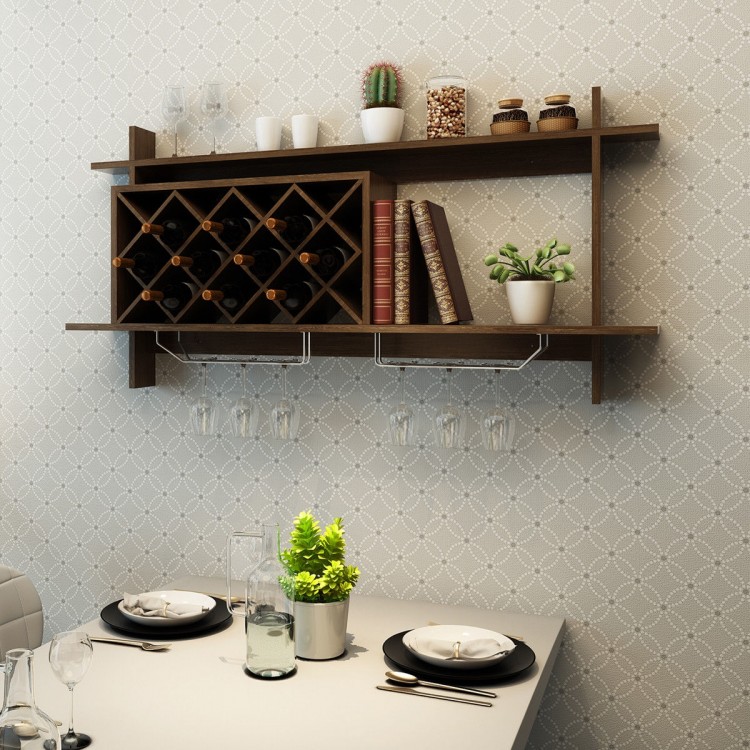 Wall mount wine rack in walnut finish, featuring a sleek shelf for decor and a glass holder for stylish wine storage.
