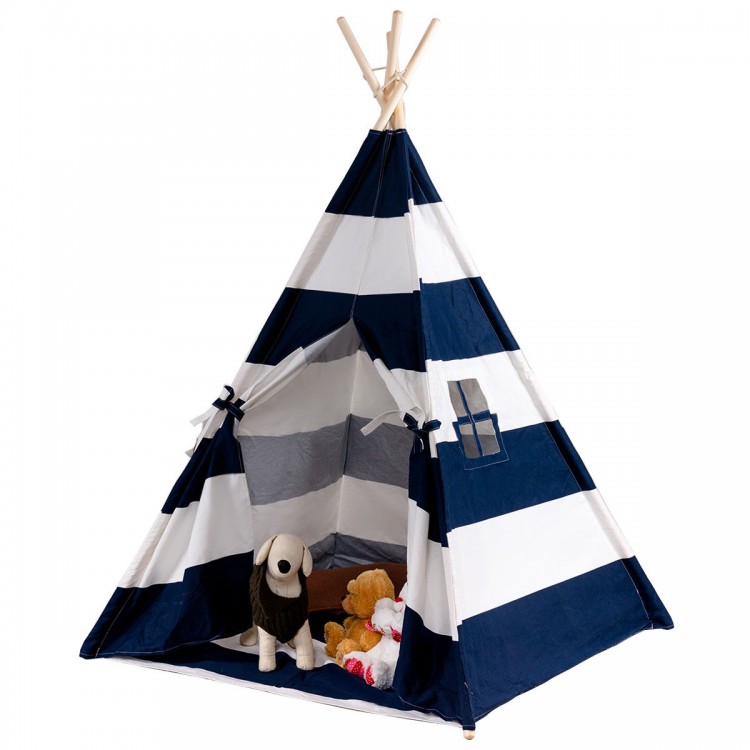 Blue and white striped children's play tent with a flap door and mesh window, perfect for indoor and outdoor fun.