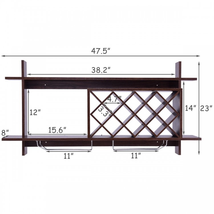 Wall mount wine rack in walnut finish with glass holder, storing up to ten bottles and featuring a stylish diamond.