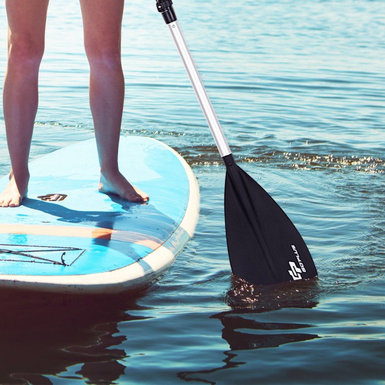 Adjustable 3-piece aluminum alloy paddle for stand-up paddleboarding, ideal for surf and SUP, shown in use on water.
