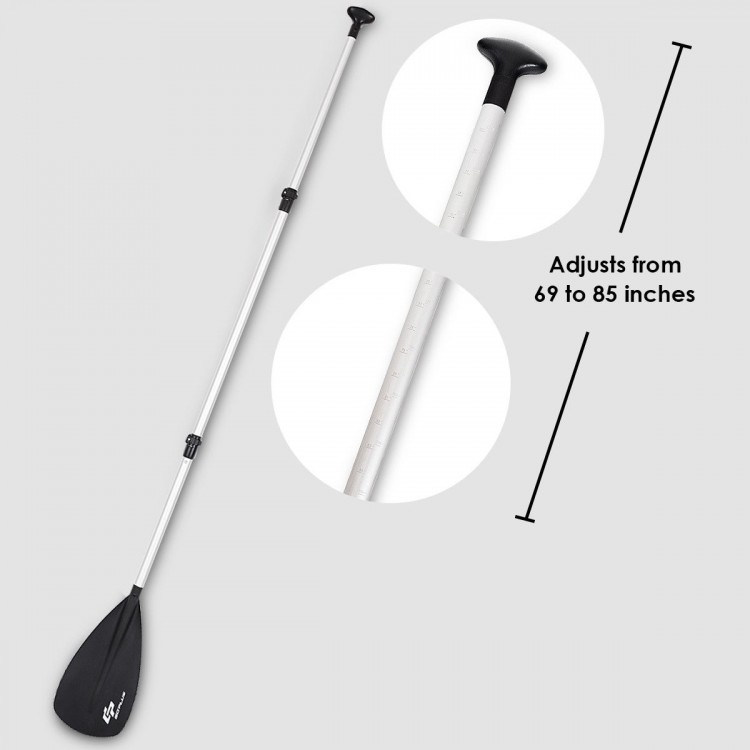 Adjustable 3-piece aluminum alloy paddle, extends from 69 to 85 inches, ideal for surf and SUP activities.