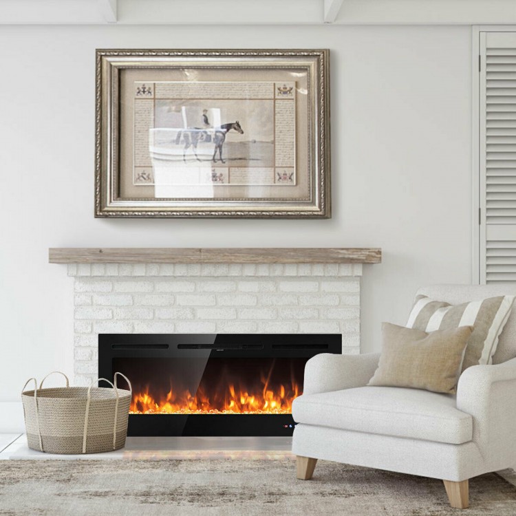 50-inch recessed electric fireplace with adjustable brightness, showcasing realistic flame effects for a cozy living.