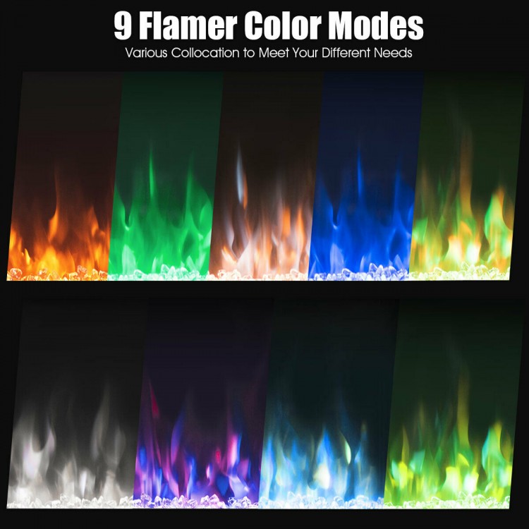 Electric fireplace with 9 flame color modes, adjustable brightness, and remote control for cozy ambiance and easy.